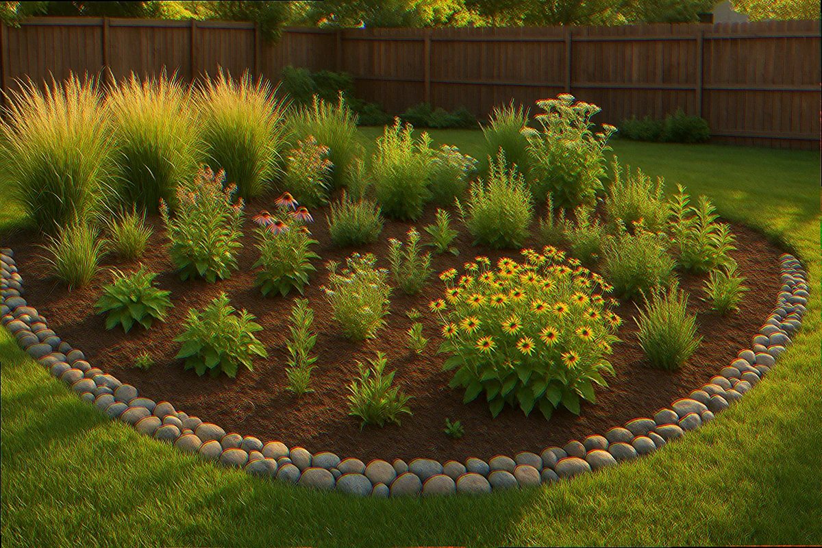 River rock edge, defined planting zones, and a pathway element. From the street, this reads as a landscaped garden bed. It is also absorbing 800+ gallons of stormwater per storm.