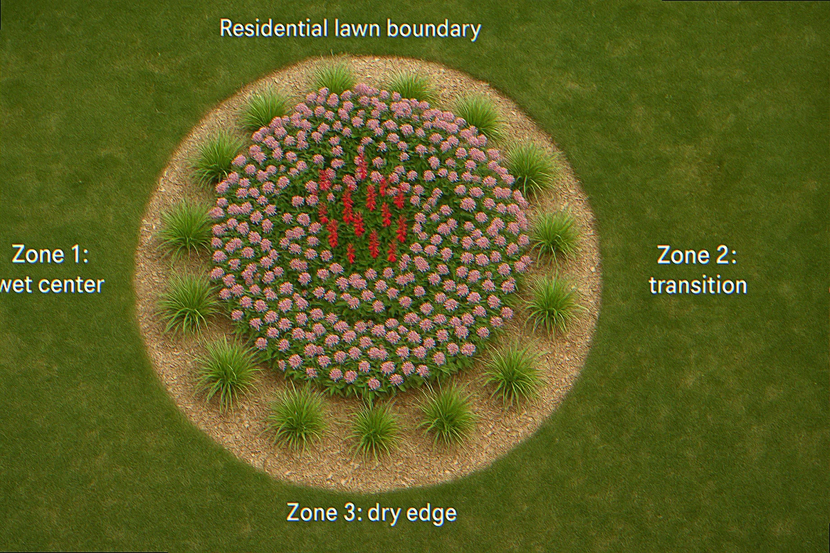 Three zones based on moisture duration. Plants selected for each zone thrive exactly where they are placed. No babysitting required.