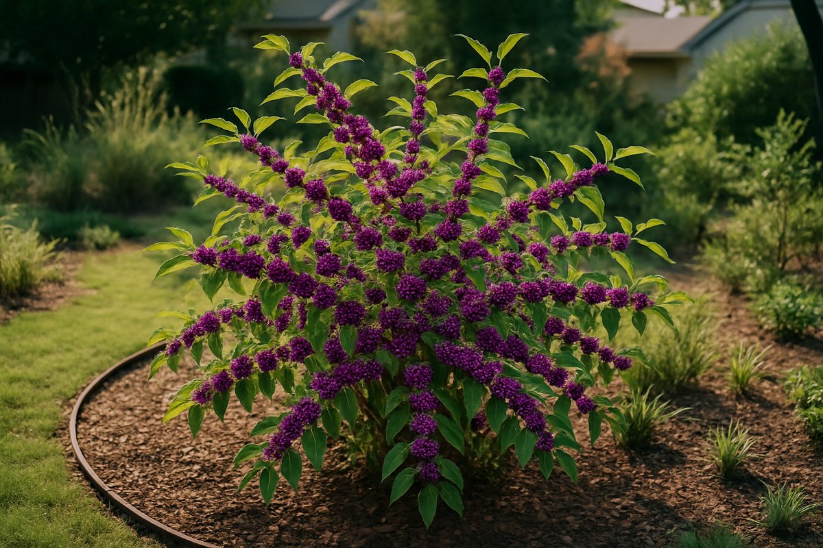 American beautyberry shrub Callicarpa americana with vivid purple berry clusters in a suburban native plant garden
