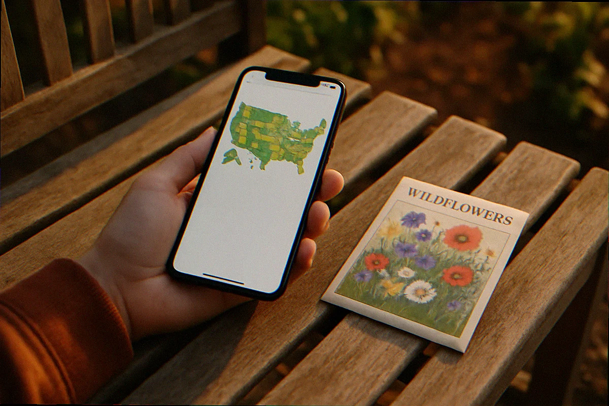 Smartphone showing a county-level native plant verification map next to a seed packet