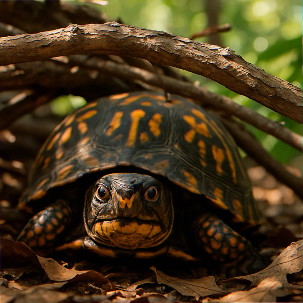 Box turtle sheltering under a brush pile in a suburban yard corner