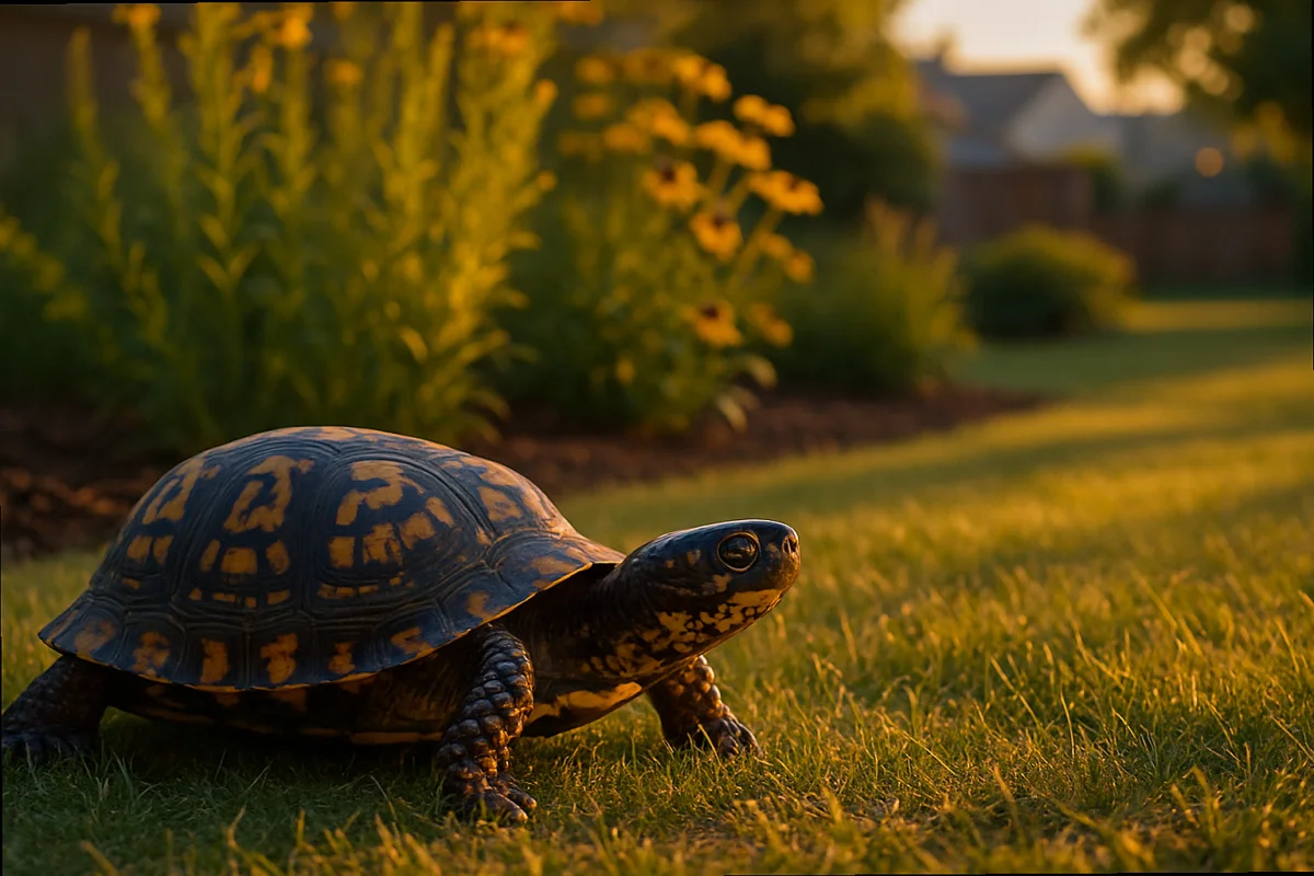 Eastern box turtle crossing a suburban lawn at golden hour
