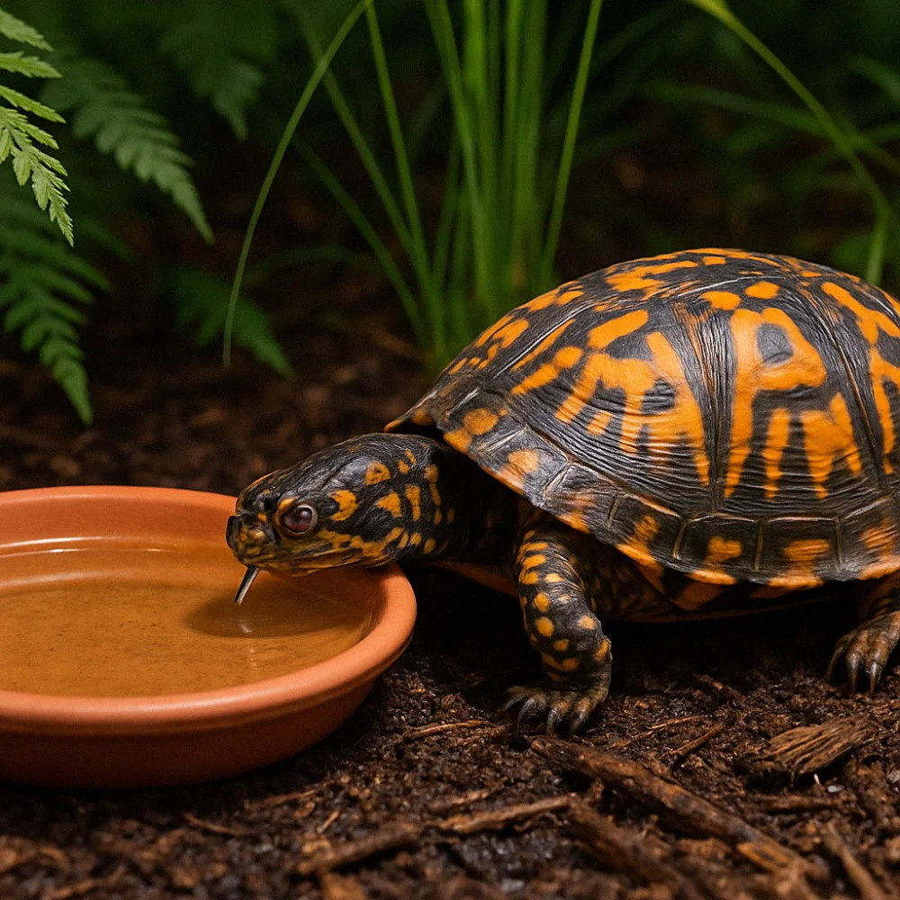 Shallow water saucer with box turtle drinking nearby in a mulched garden bed