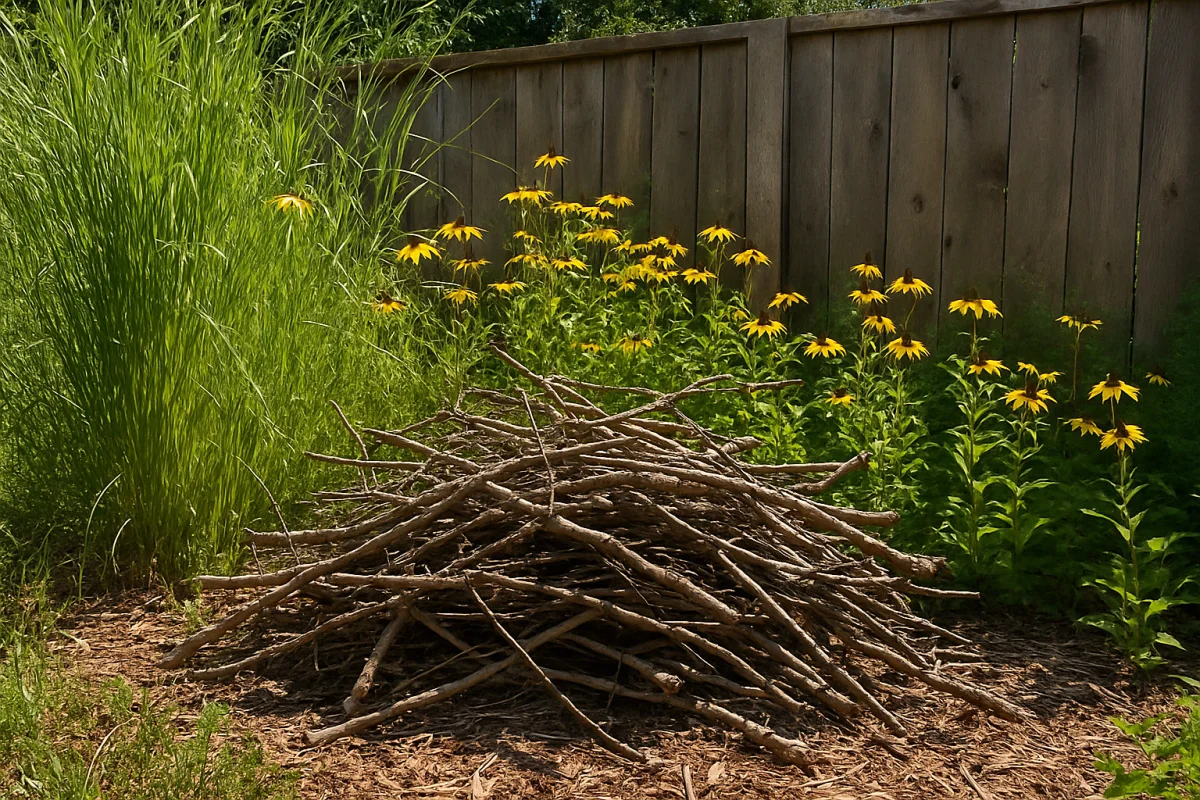 Loose brush pile against a wooden fence backed by native black-eyed Susan and switchgrass for fledgling cover