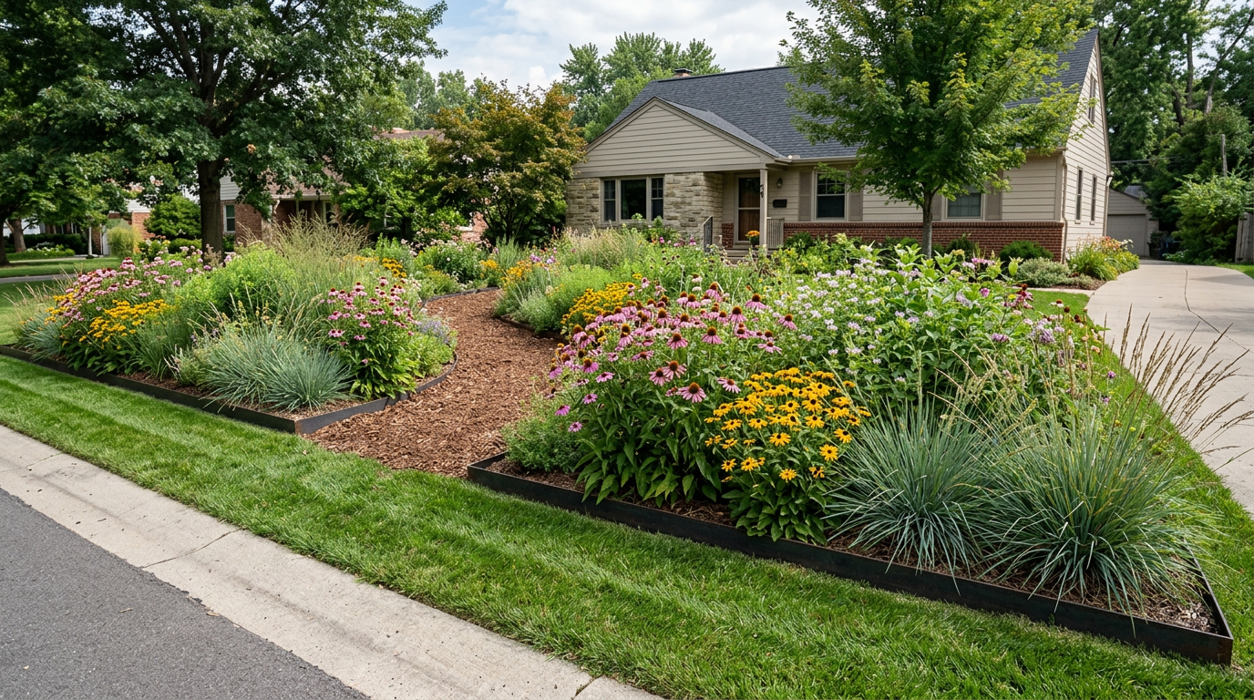suburban native plant garden with defined edge and mulched path showing cues of care