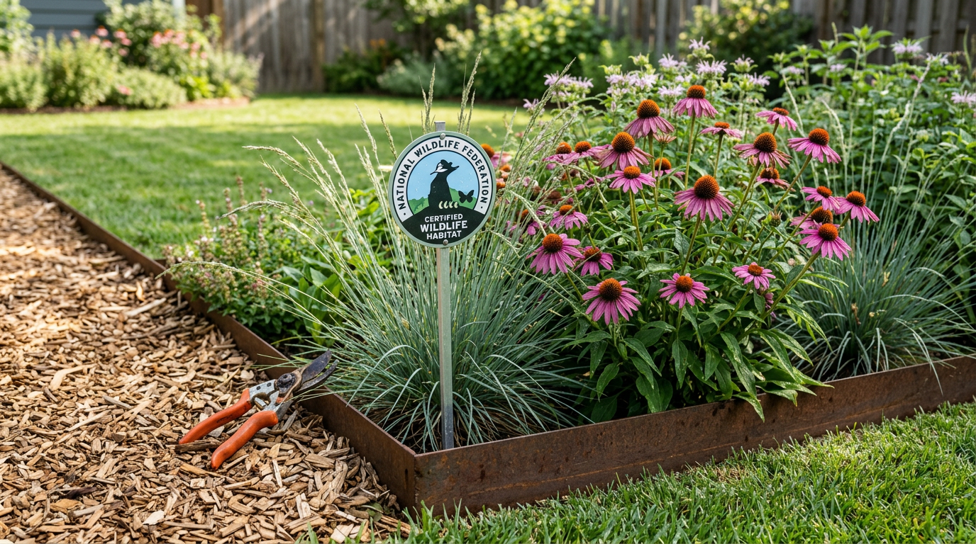 native plant garden bed with steel edging mowed perimeter and wood chip path showing six cues of care
