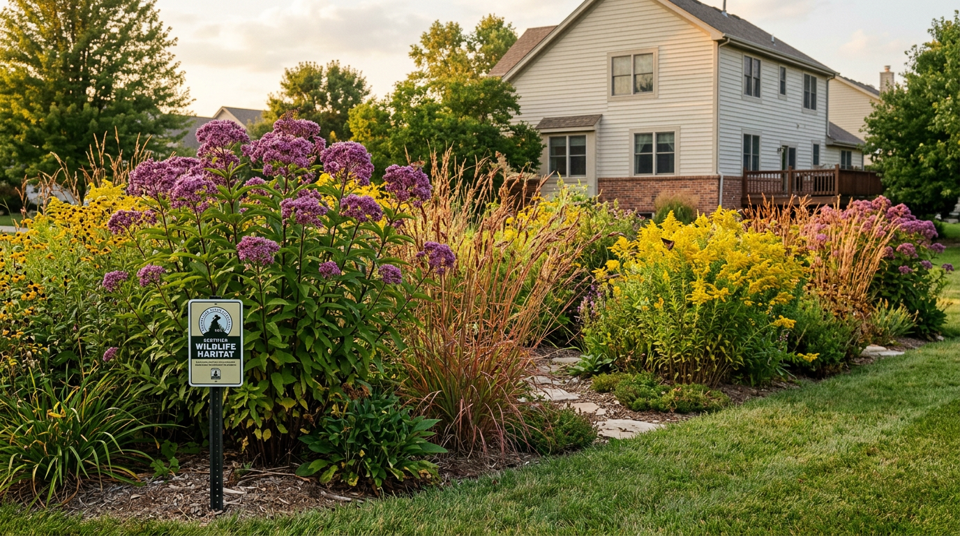 established native plant garden after three years with mature plants nwf wildlife habitat sign and intentional design