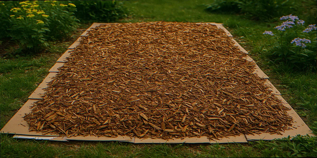 Cardboard layered smother method with eight inches of arborist wood chip mulch covering a cut poison ivy ground patch