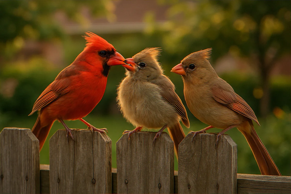Adult northern cardinals feeding a juvenile fledgling on a backyard cedar fence at golden hour