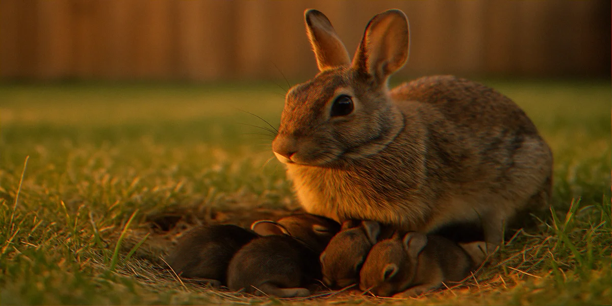 Female cottontail rabbit nursing newborn kits at dusk in shallow grass nest