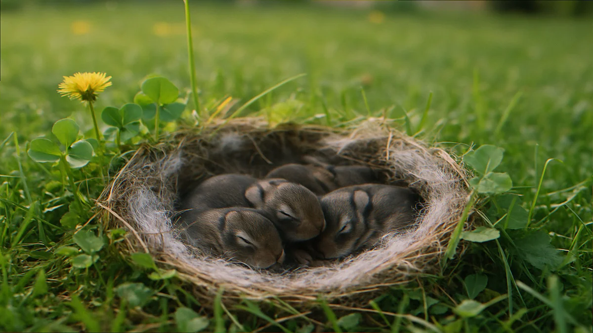 Eastern cottontail nest hidden in suburban backyard lawn with newborn kits