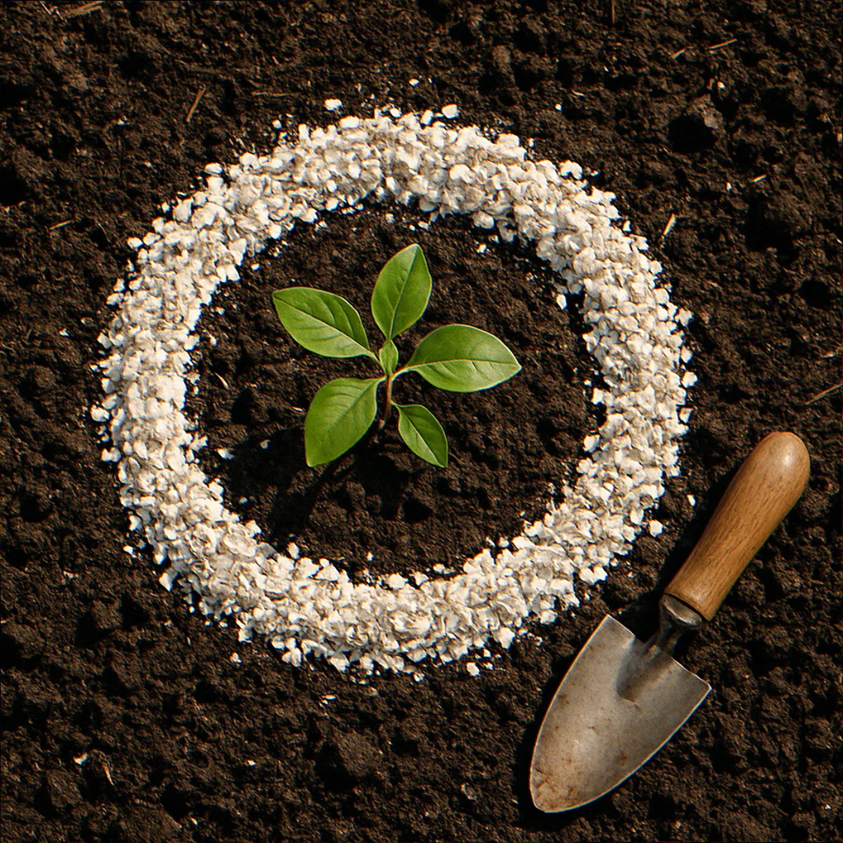Crushed white oyster shell grit forming a circular barrier ring around a single native plant seedling in dark garden soil