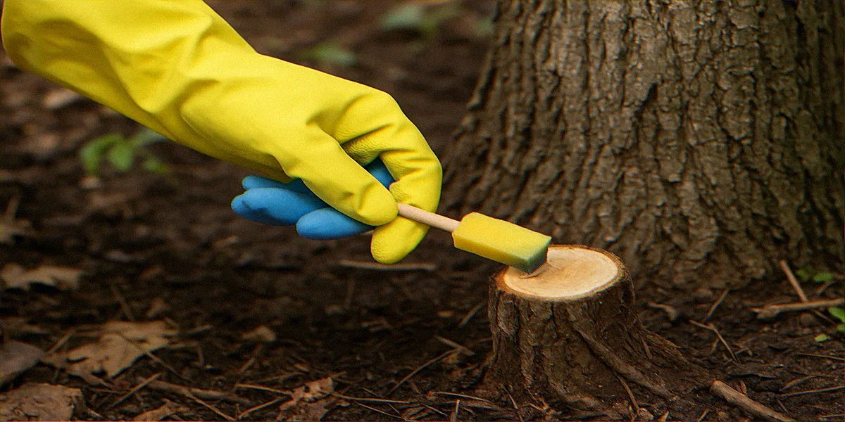 Gloved hand using small foam brush to paint concentrated triclopyr onto a freshly cut poison ivy stem stub at soil level