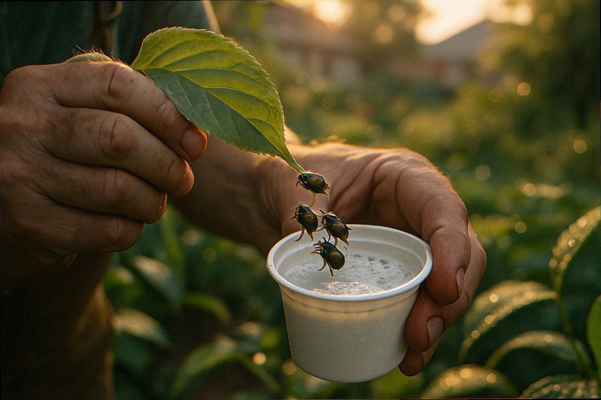 Gardener hand knocking three Japanese beetles into white yogurt cup of soapy water at dawn on dewy leaf