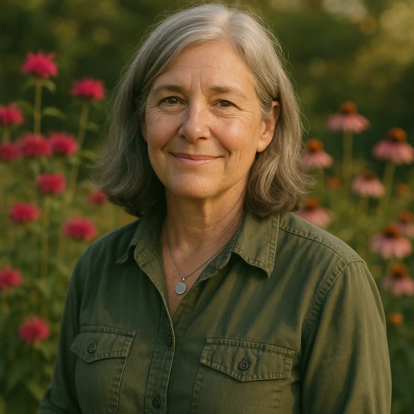 Emma Harrington, wildlife habitat researcher and editor of Animal Habitats, standing in a native pollinator garden