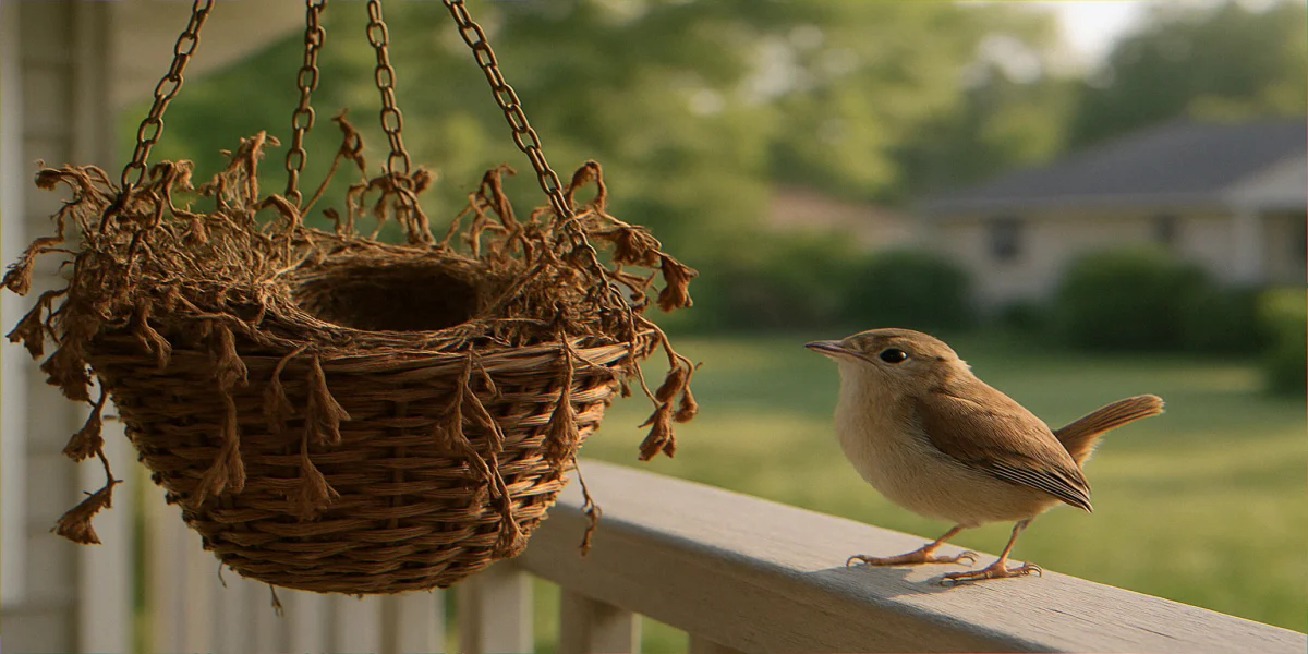 Empty cup nest visible inside a tattered hanging basket of brown petunia stems with a juvenile Carolina Wren perched on the porch railing nearby