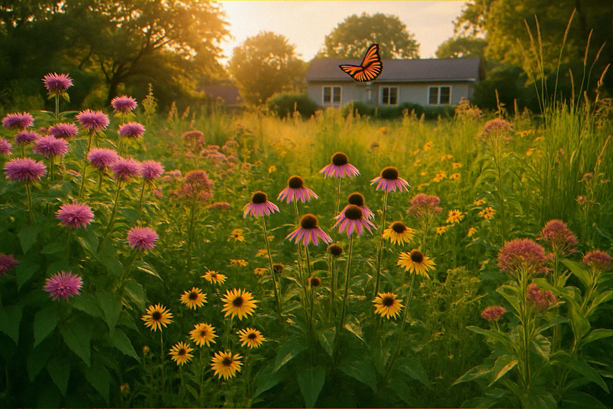 Mature backyard native meadow with monarch butterfly in golden-hour light