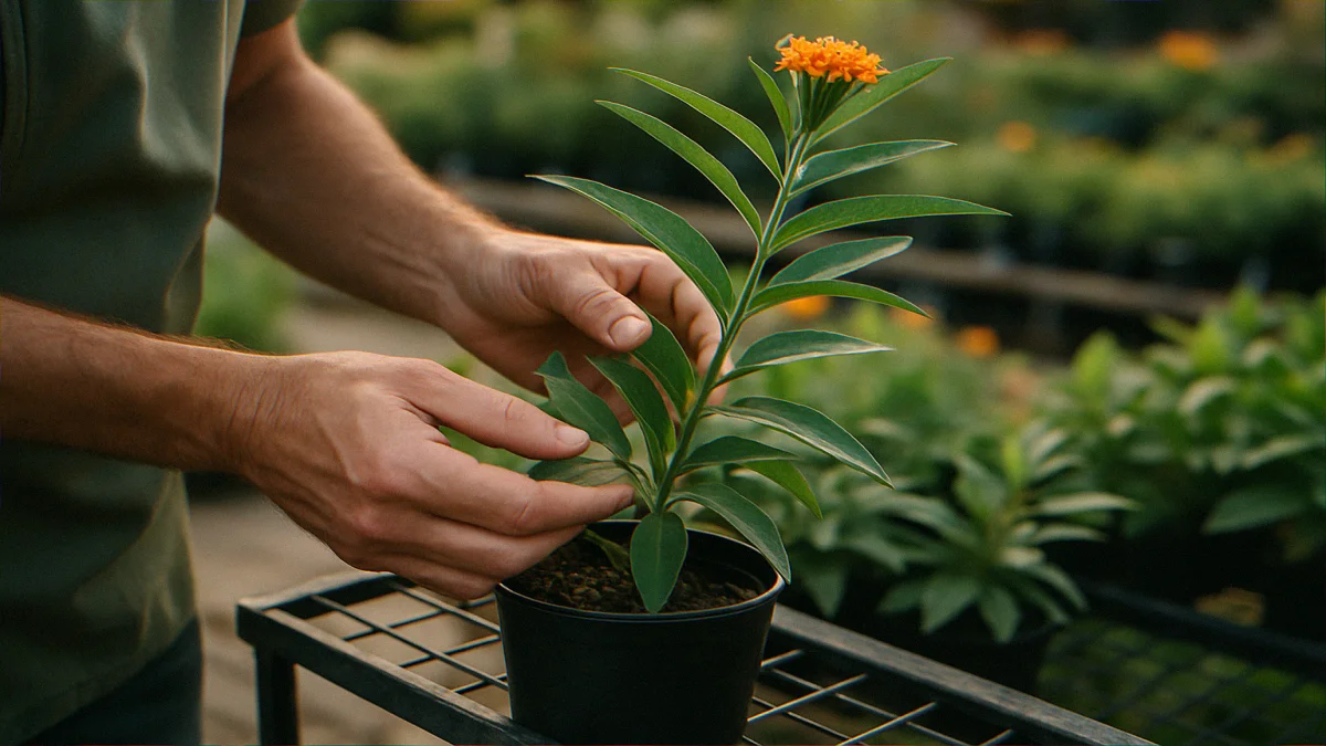 Gardener inspecting a potted milkweed at a suburban garden center nursery display