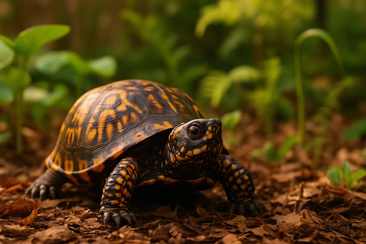 Wild Eastern box turtle on damp leaf litter in a suburban backyard