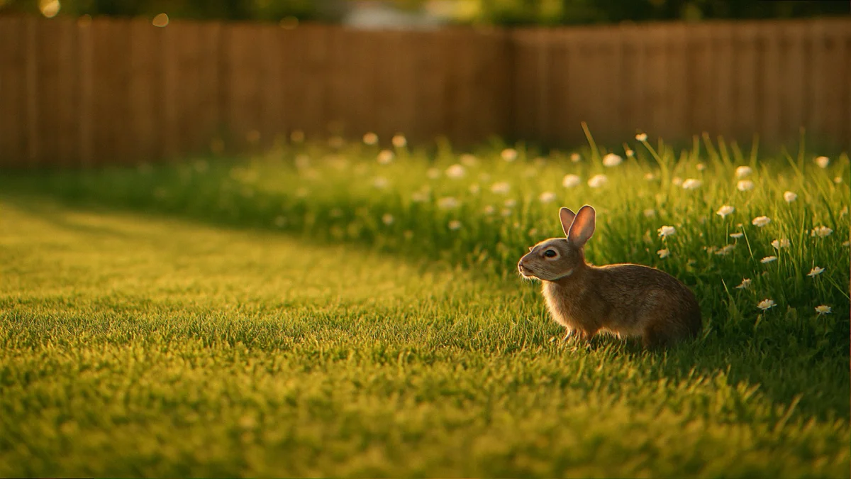 Suburban backyard at golden hour with an unmown grass strip and an eastern cottontail at the edge, late May
