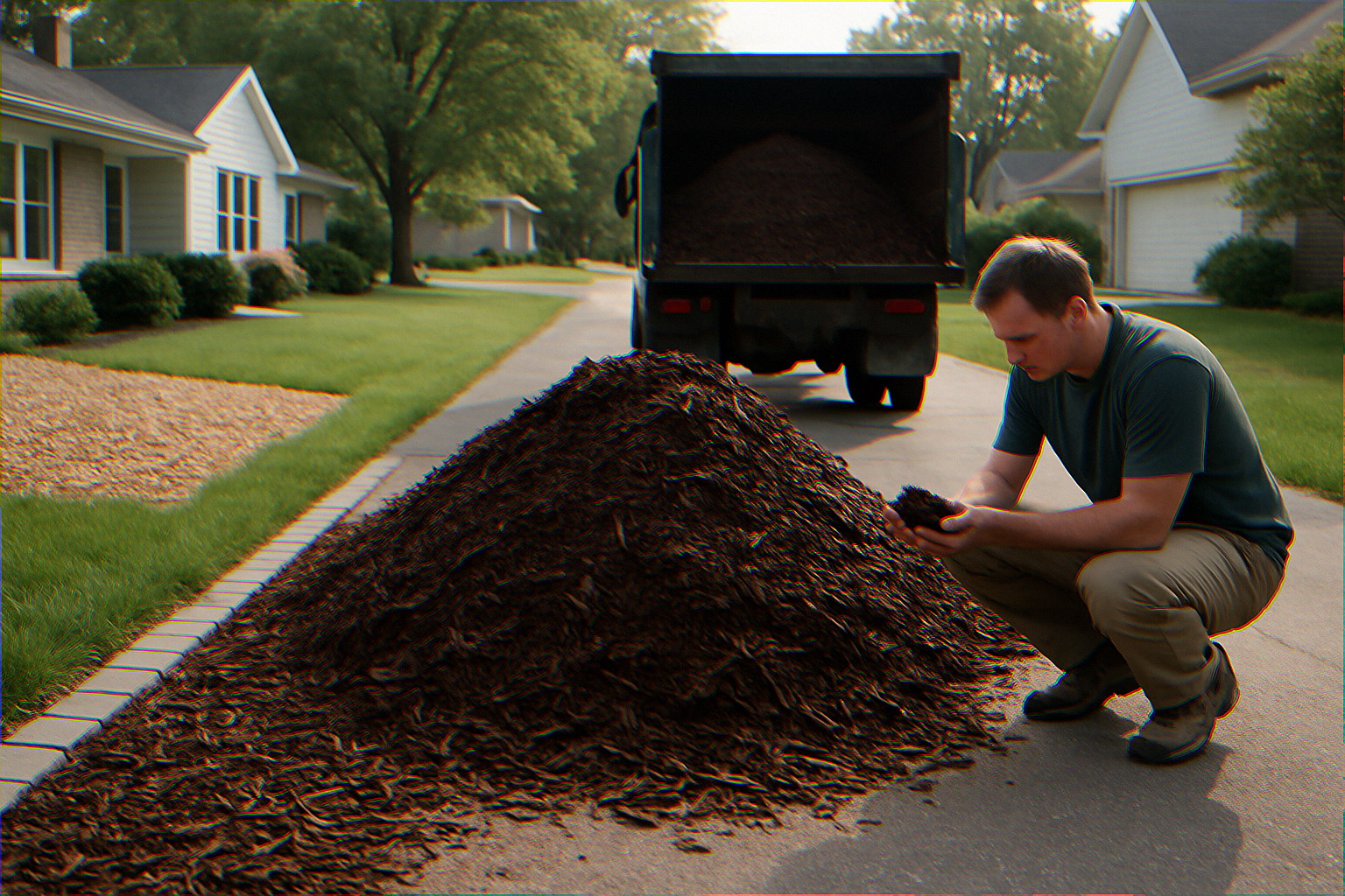 Suburban driveway bulk mulch delivery freshly dumped premium hardwood pile morning inspection