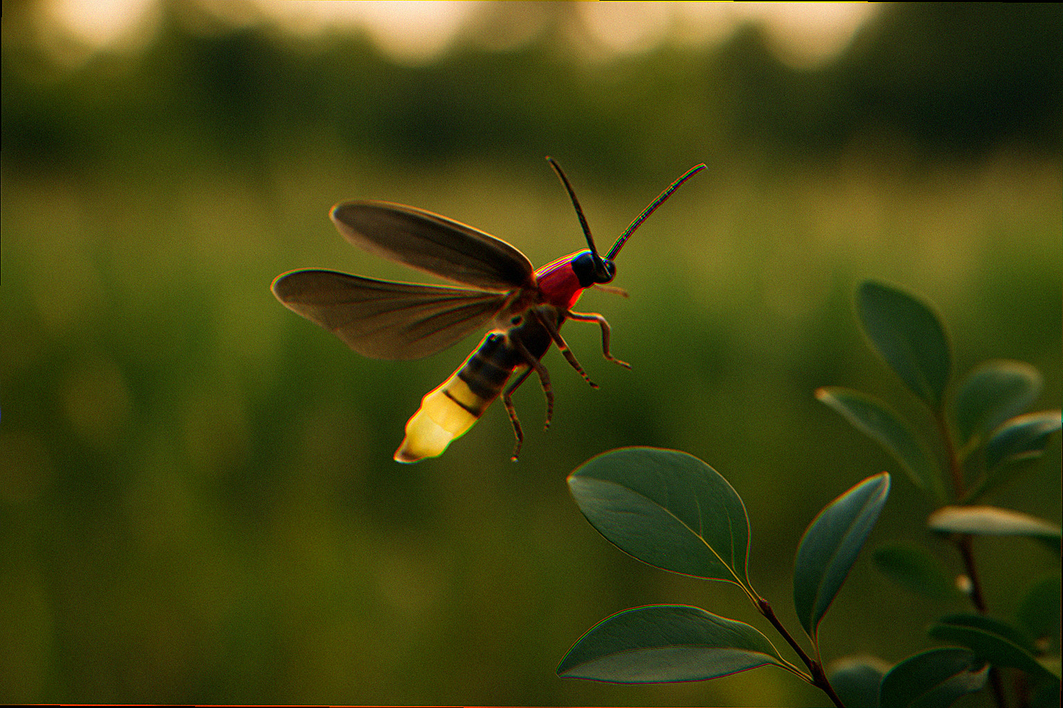 Firefly perched on a buttonbush flower at twilight in a native plant garden