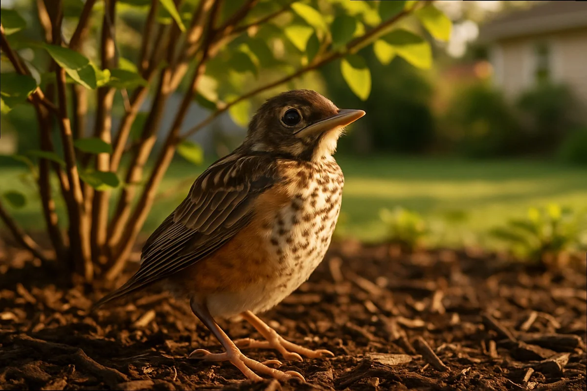 Fledgling American robin standing on garden mulch beneath native serviceberry in late May suburban yard