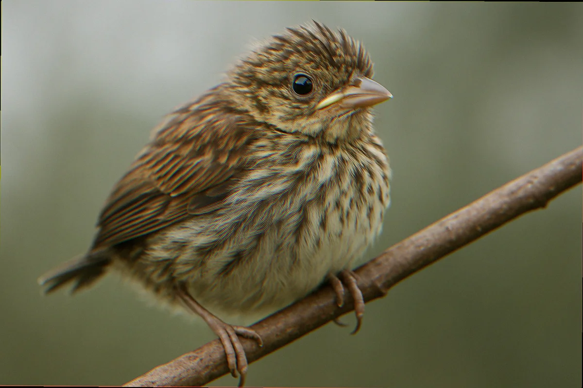 Fledgling song sparrow with stubby tail gripping a hardwood twig at eye level in diffused morning light