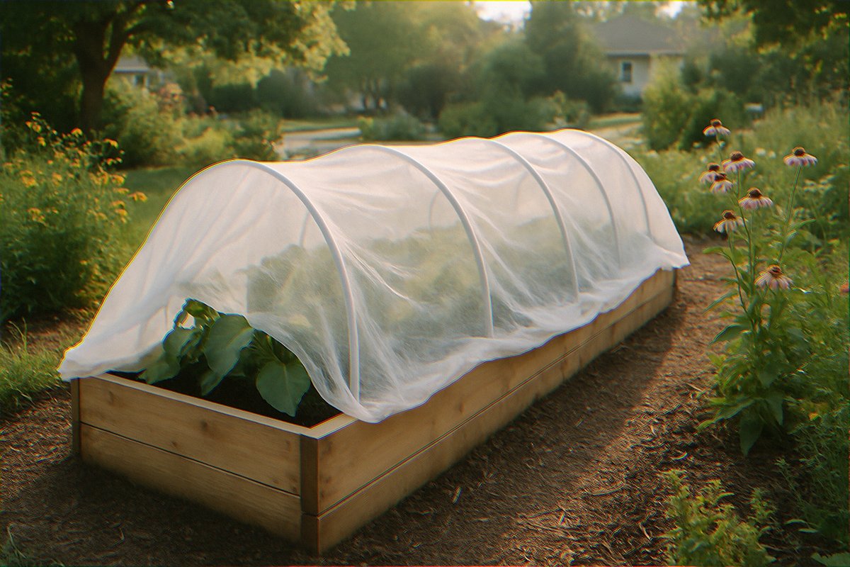 Sheer white floating row cover fabric arched over raised vegetable bed with mulched path in suburban backyard