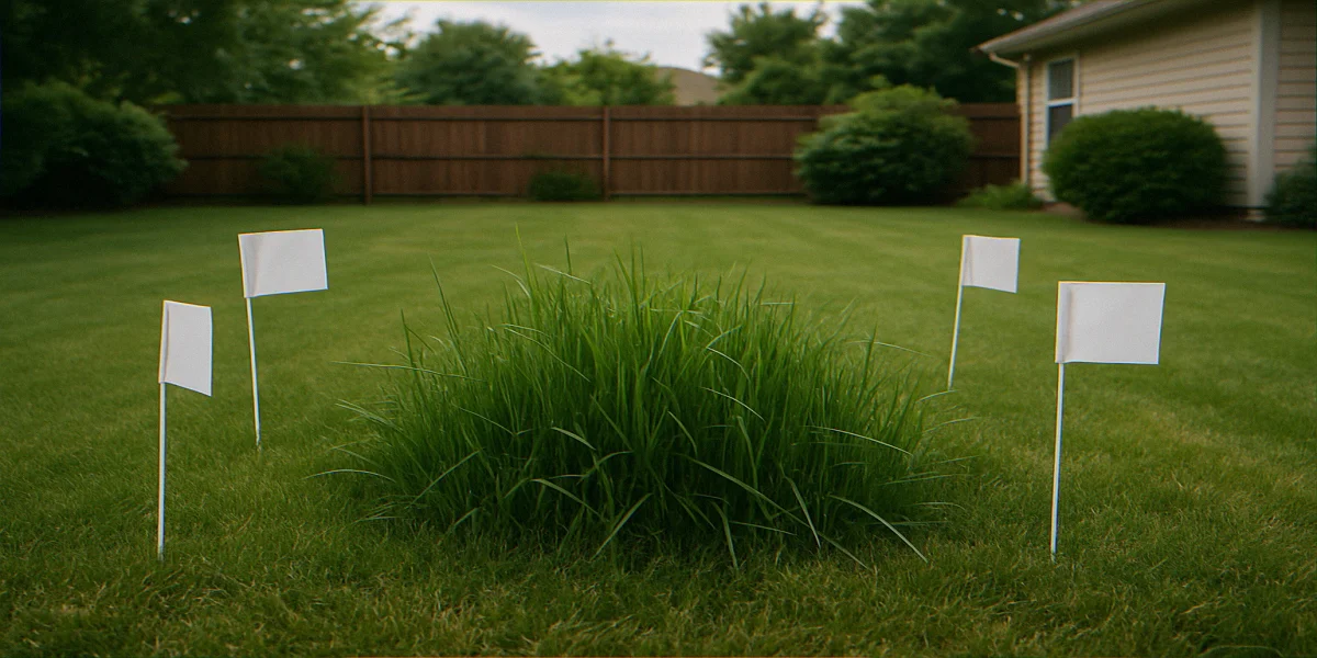 Four white garden flags marking a 12-foot mow-free buffer around an active cottontail nest