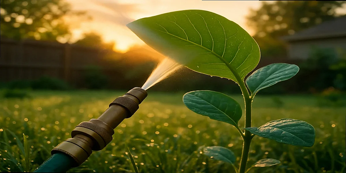 Brass garden hose nozzle aiming a focused jet of water upward at the underside of a green milkweed leaf at sunrise