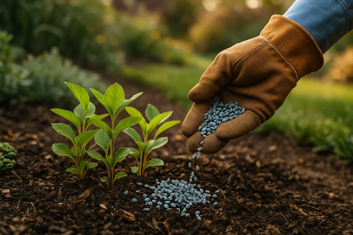 Gloved gardener hand sprinkling iron phosphate slug bait pellets at the base of native plant seedlings in late afternoon light