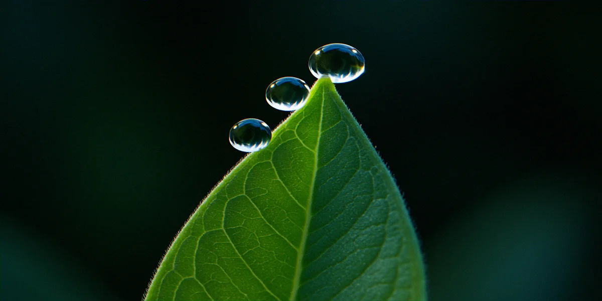 Macro photograph of clear guttation water droplets at the tip of a young milkweed leaf in blue morning light
