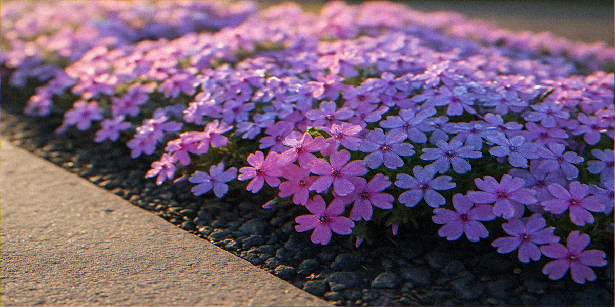 Hellstrip plants close-up of moss phlox forming a dense pink and lavender mat next to sidewalk concrete