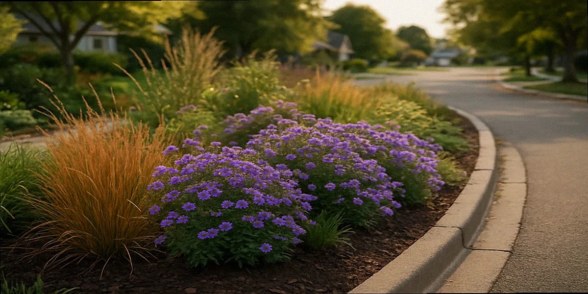 Hellstrip plants layered design with little bluestem grass and aromatic aster blooming in late September