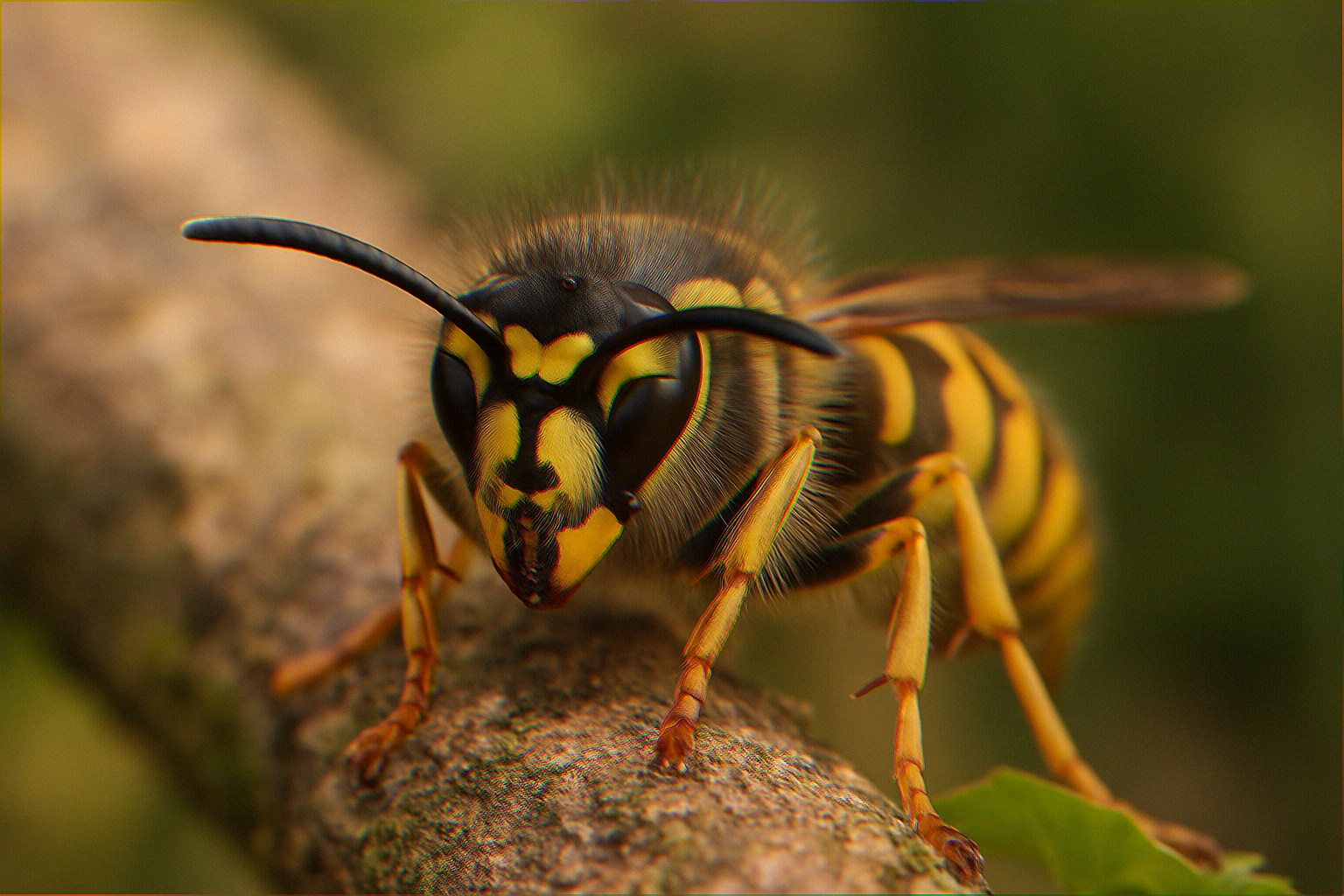 Yellow jacket queen wasp hovering near a homemade clear glass jar trap on a wooden fence post in a spring suburban backyard pollinator garden