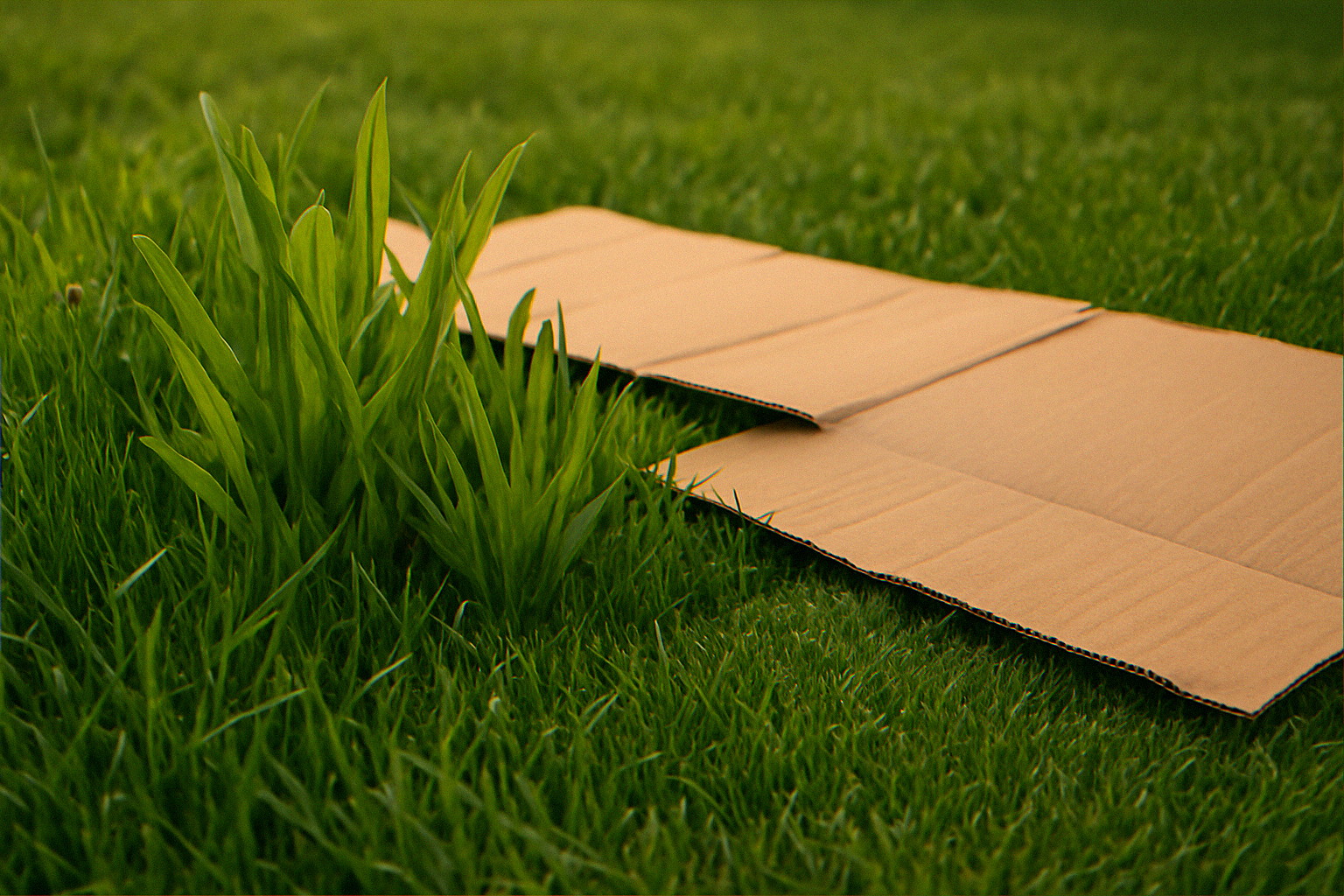 Suburban yard mid-conversion with cardboard and wood chips
