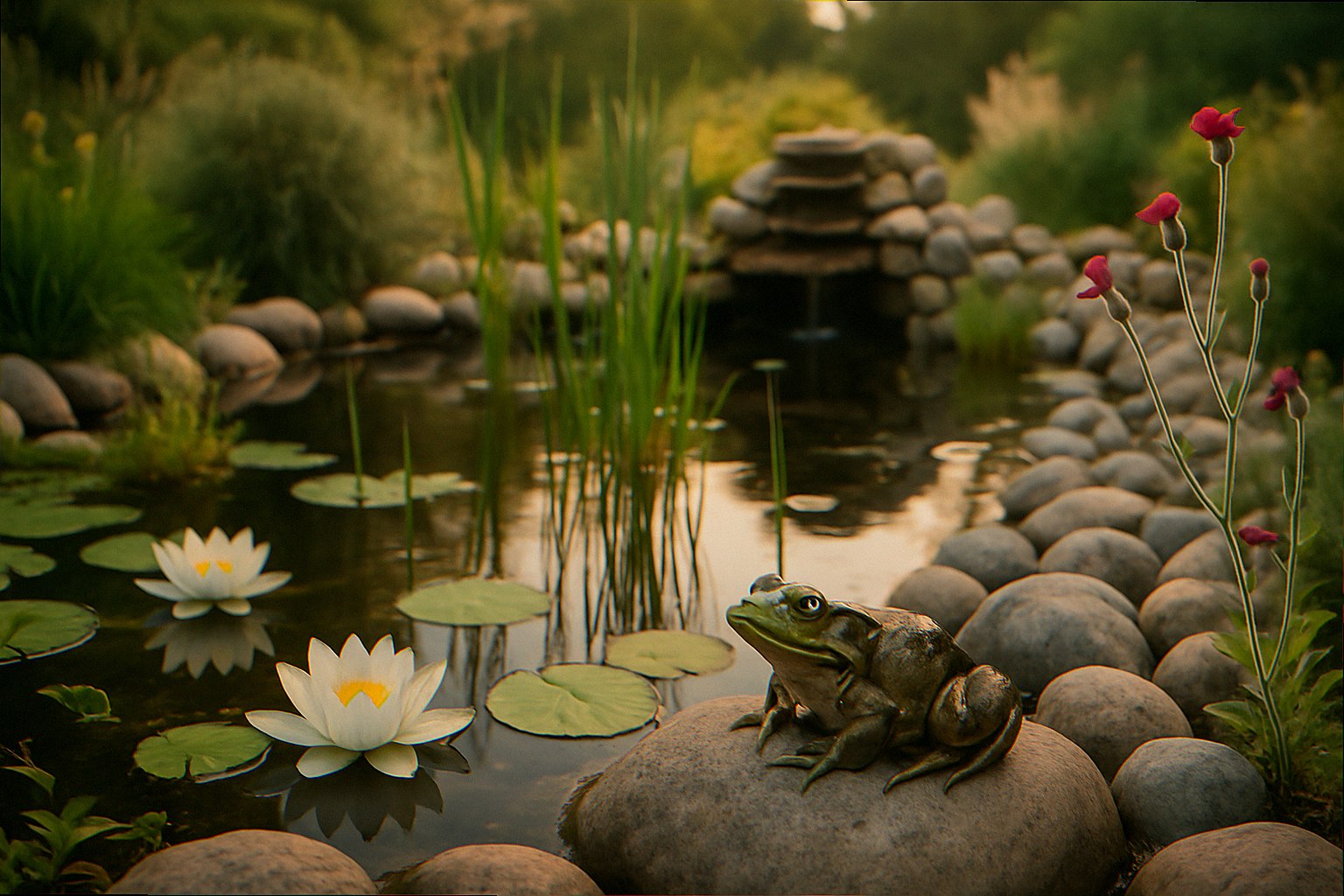 Shallow stone bird bath with solar bubbler in a native plant garden, finch drinking