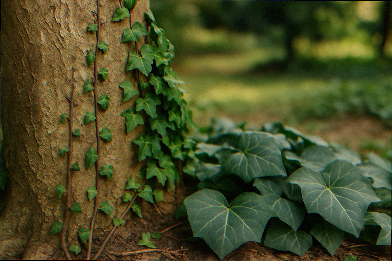 Gloved hands ripping mature English ivy roots from soil at base of an oak tree, suburban shade garden