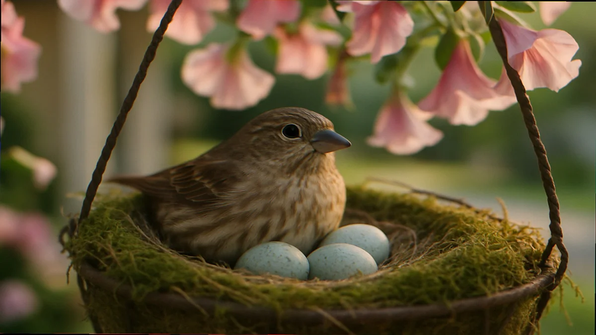 House Finch female sitting on a nest of pale blue eggs inside a moss-lined hanging basket of pink petunias on a suburban front porch