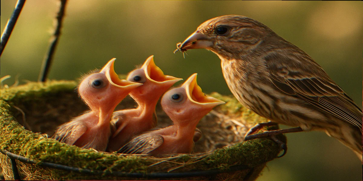 Three House Finch nestlings with bare pink skin and yellow gape lining opening their mouths toward a parent perched on the basket rim with a small insect