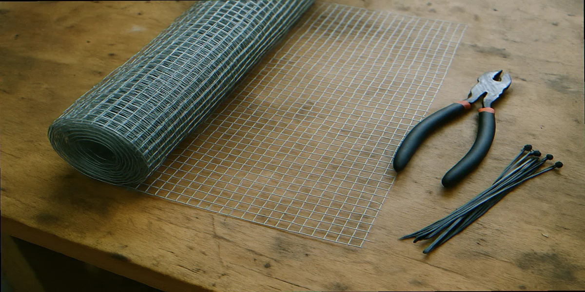 Close up of half-inch hardware cloth mesh cut to forty four inch length on workbench