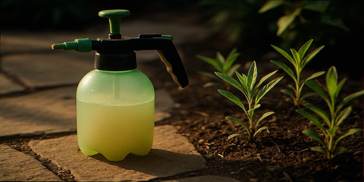 Pump sprayer with homemade garlic repellent sitting on flagstone in late afternoon light