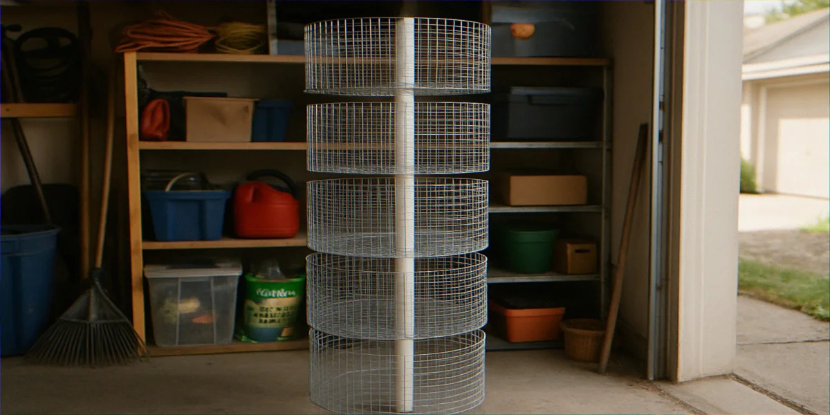 Five hardware cloth plant cages stacked vertically on a length of PVC pipe in garage storage
