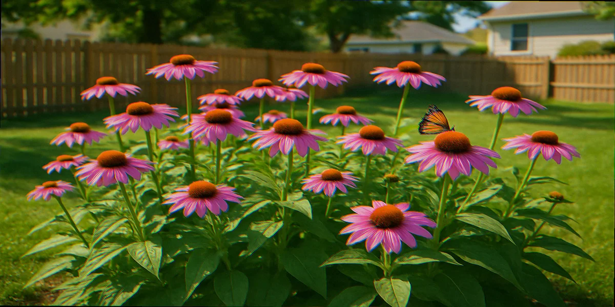 Established second year purple coneflower bed in full bloom showing no rabbit damage in suburban garden