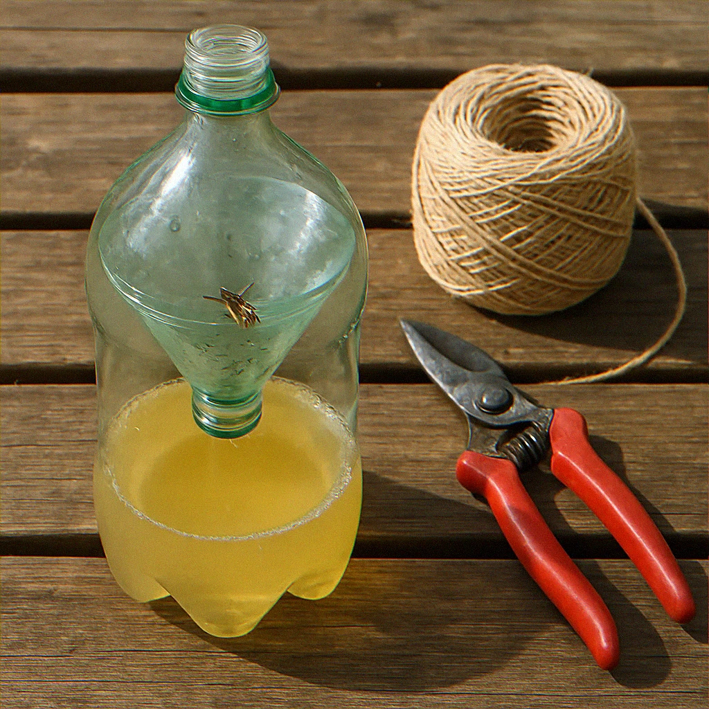 Homemade DIY yellow jacket queen trap built from a cut 2-liter soda bottle with sugar-water bait