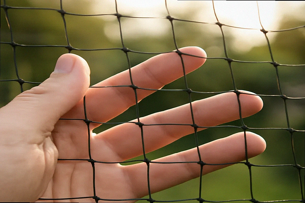 Hand holding loose monofilament bird netting up to the sun showing finger fits through opening