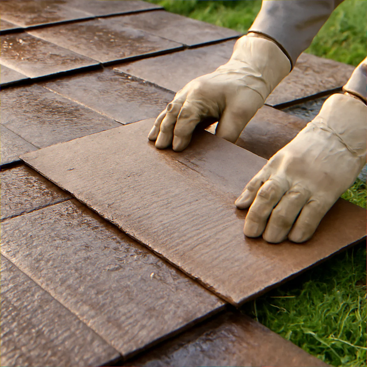 Hands in canvas gloves placing overlapping wet cardboard sheets on a residential lawn before mulching