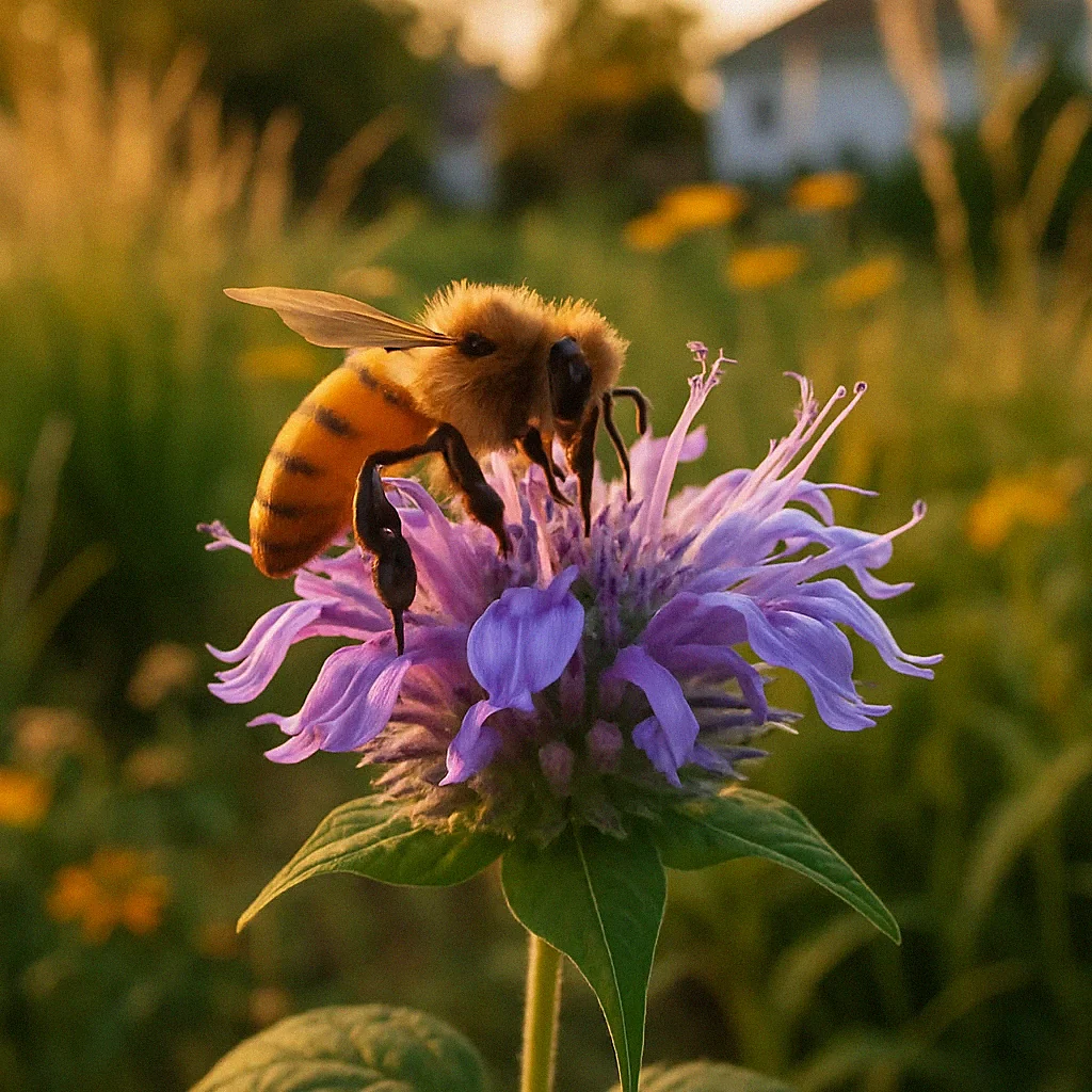 Honeybee on purple wild bergamot in a thriving suburban native pollinator garden