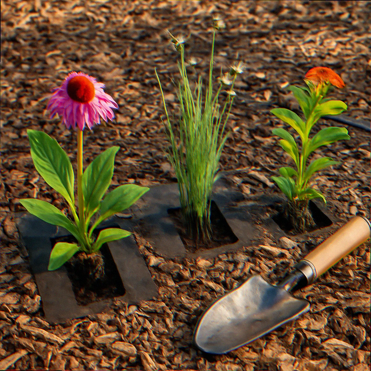 Purple coneflower and little bluestem prairie plugs planted through cuts in a wood-chip mulched bed with a trowel resting nearby